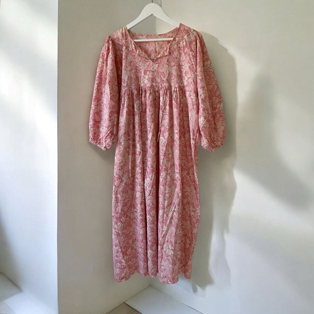 Womens Boho Maxi Dress Pink Floral Print V-Neck Kaftan One Size Beachy Vacation